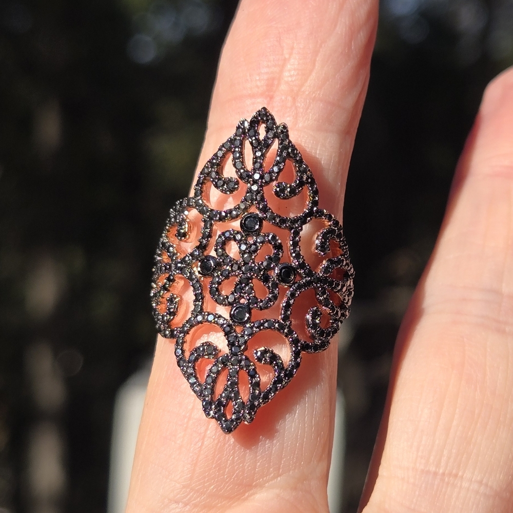 Black Onyx gemstone Latis Floral Sterling & rose gold ring Sz8.25